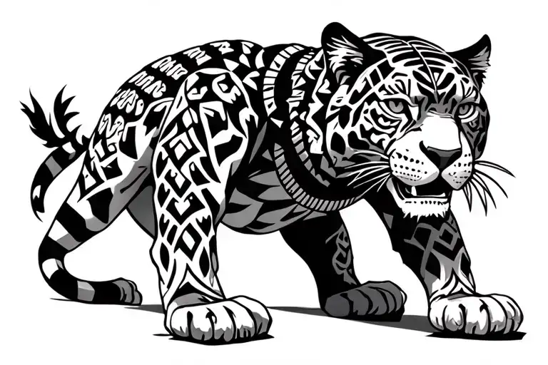 crouching Aztec jaguar warrior tattoo design idea