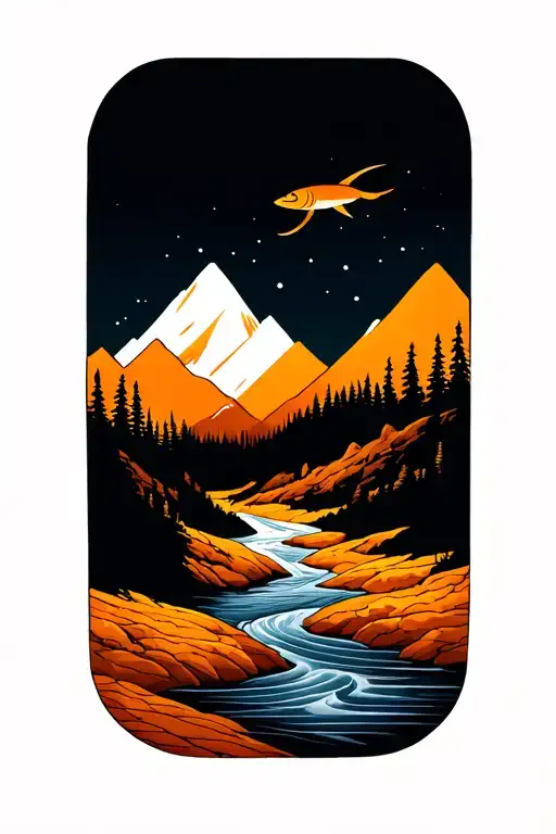 river flowing in wilderness, fish swiming downstream, mountains around tattoo design idea
