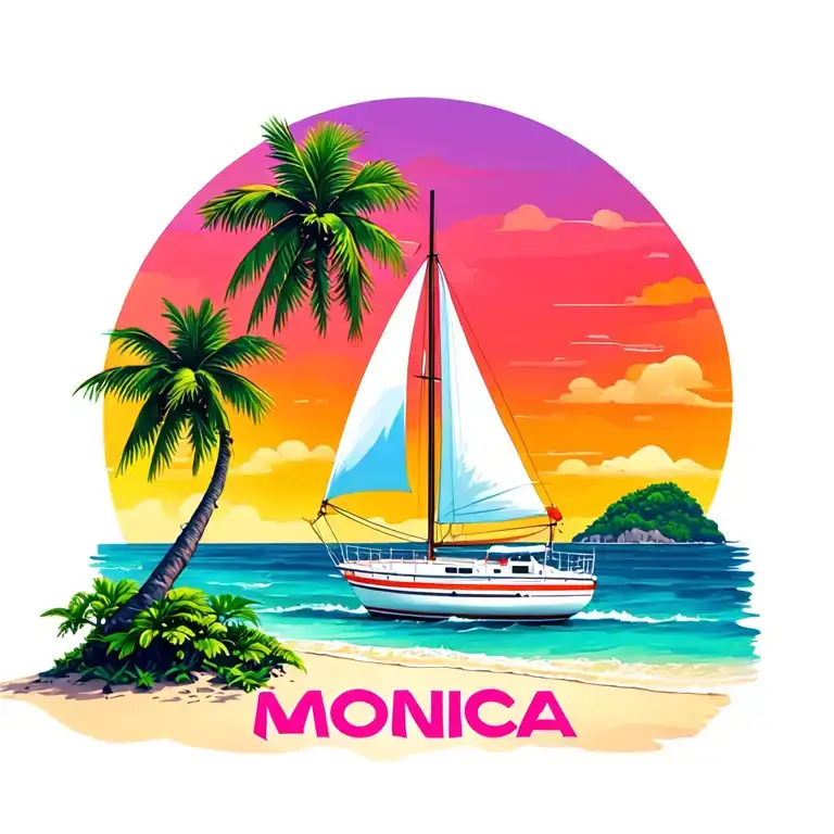 "Monica" foreground white sailboat, sunrise sky small background distant island 2 palm tree  ocean vibrant beach tattoo design idea