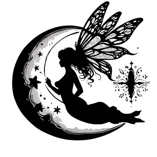The silhouette of a fairy lies on the floor of the moon on her back. This fairy has arched her back and is holding her c tattoo design idea