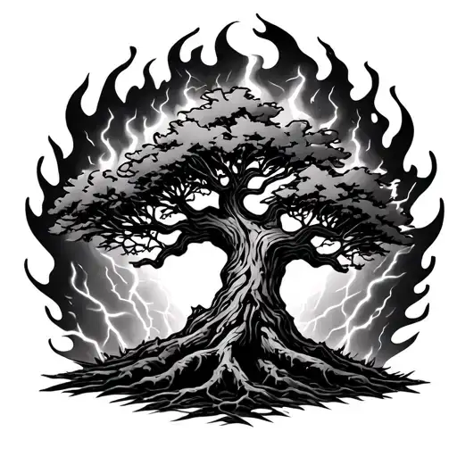 tree on fire in lightning storm tattoo design idea