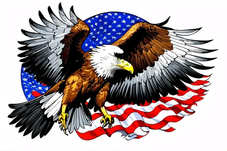 Bald Eagle coming in for a landing with wings spread. The feathers on the wings are the colors of the american flag. tattoo design idea