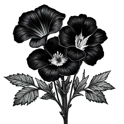 Simple Tiny bouquet with 1 geranium, 1 morning glory, statice flowers in fine line drawing  tattoo design idea