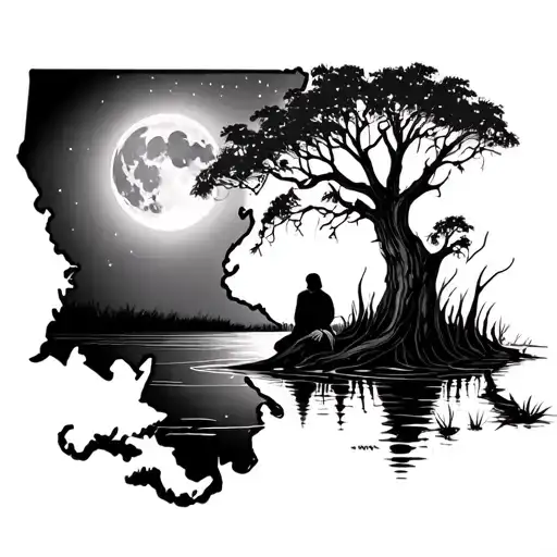 Louisiana state with a swamp scene with moon and a couple sitting under a cypress tree. tattoo design idea