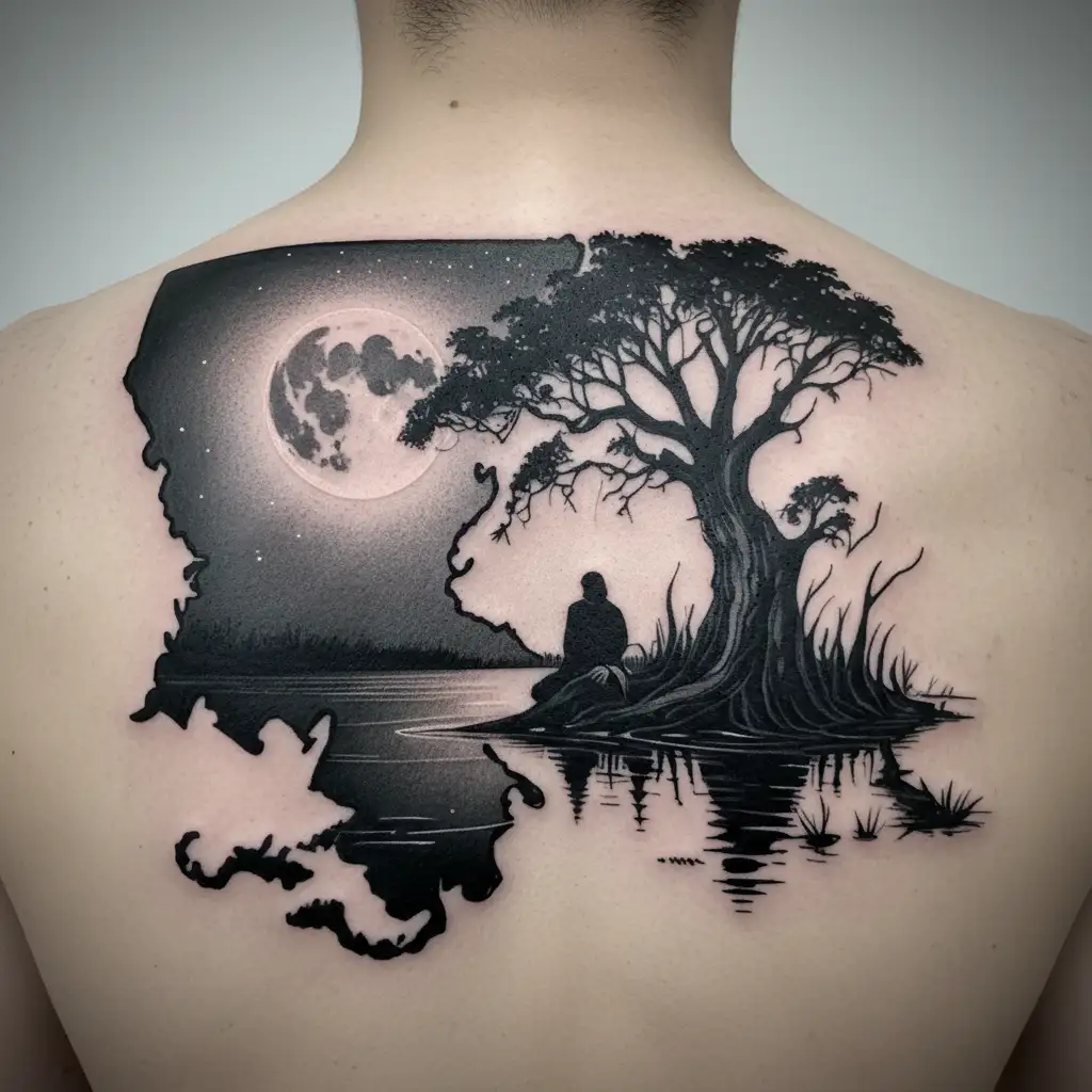 Louisiana state with a swamp scene with moon and a couple sitting under a cypress tree. tattoo design idea