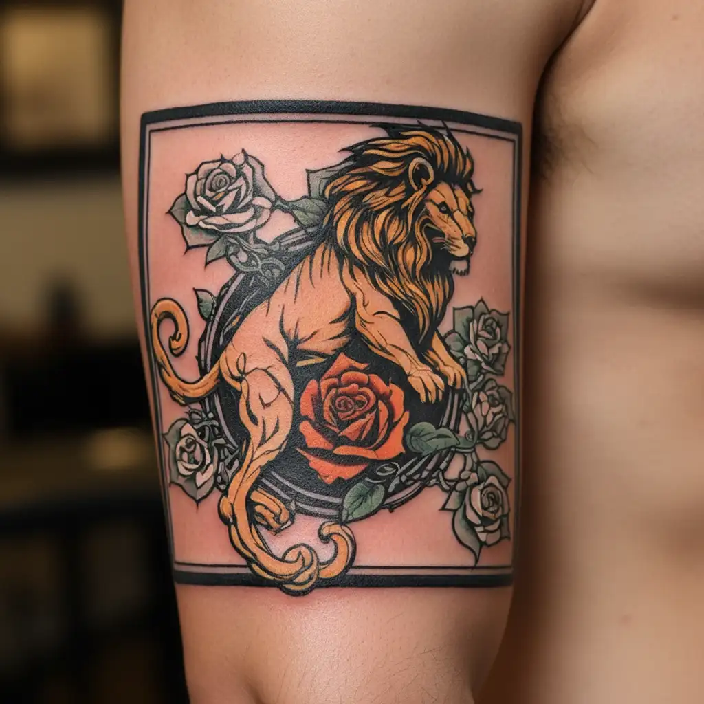 sisyphus lion rose chains breaking and bursting tattoo design idea