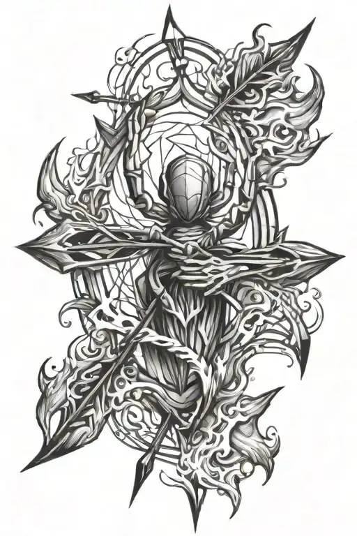 bow and arrow, spider, flames, hand tattoo design idea