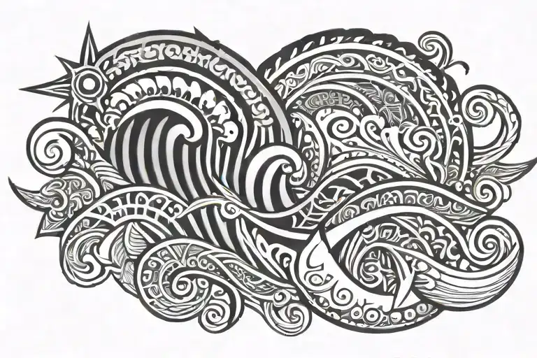 Polynesian tribal with waves stars forming tattoo design idea