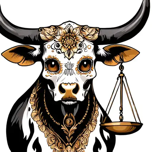 feminine bull with sugar skull markings, brown eyes and two Libra scales and dark background tattoo design idea