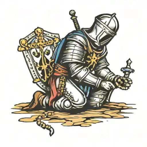 Crusader Knight Praying on knees with rosary beads tattoo design idea