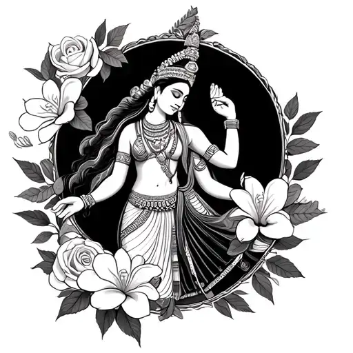 Cambodian apsara goddess surrounded by plumeria flowers dancing with a Mexican traditional dancer surrounded by roses  tattoo design idea