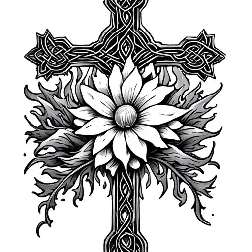 Cross, flower, fire, "ignis aurum probat", "pulvis et umbra sumus", "per mare per terras", celtic music and faith tattoo design idea