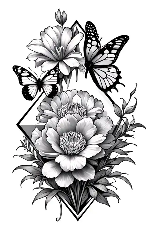 peony flower, gladiolus flower, and aster flower in a diamond with butterflies tattoo design idea