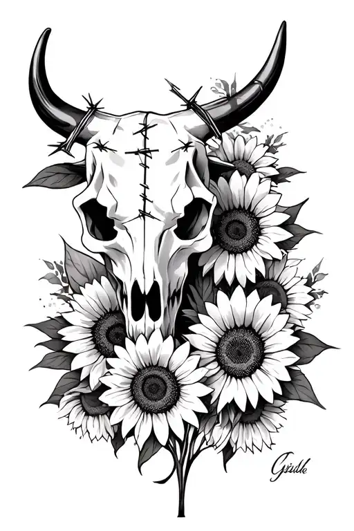 bull skull, barbed wire, sunflowers and daisies  tattoo design idea