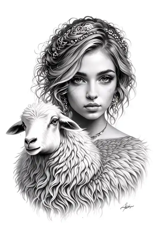 Woman with sheep skin tattoo design idea