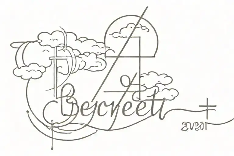 The name Berrett with the date 3.6.21 under it, some crosses, and the verse Peter 5:7 above, surround it all with clouds tattoo design idea
