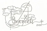 The name Berrett with the date 3.6.21 under it, some crosses, and the verse Peter 5:7 above, surround it all with clouds tattoo design idea