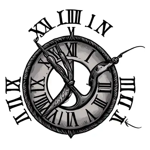 birthdate roman numeral, fishing hook, name written tattoo design idea