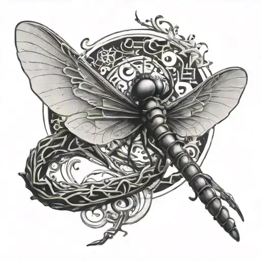 A black skeleton dragon fly ring straight upward with wings spread tattoo design idea