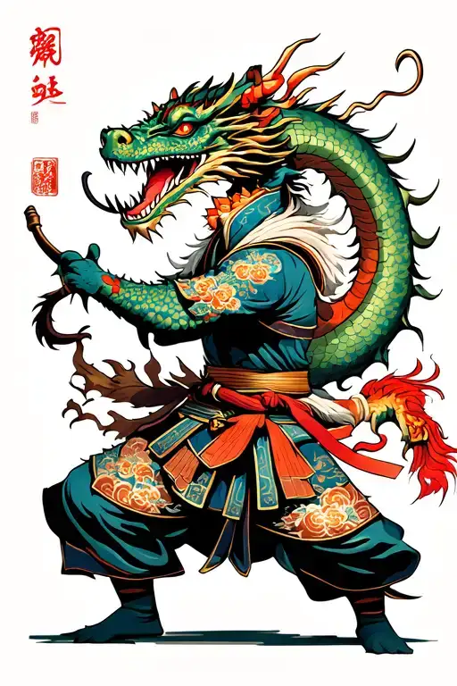 samurai fighting a dragon wrapped tattoo design idea