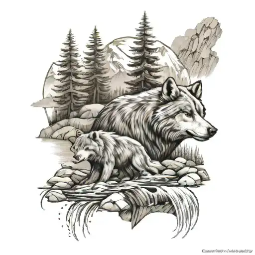 wolf and bear in Colorado mountains with a river flowing with a beer hop  tattoo design idea