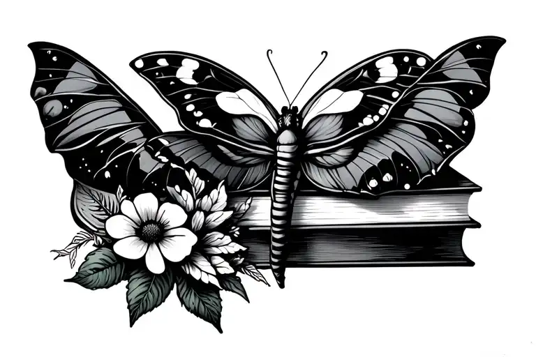seratonin molecule tattoo with florals, Luna moth, and book stack tattoo design idea