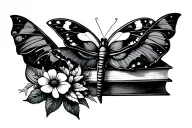 seratonin molecule tattoo with florals, Luna moth, and book stack tattoo design idea