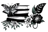seratonin molecule tattoo with florals, Luna moth, and book stack tattoo design idea