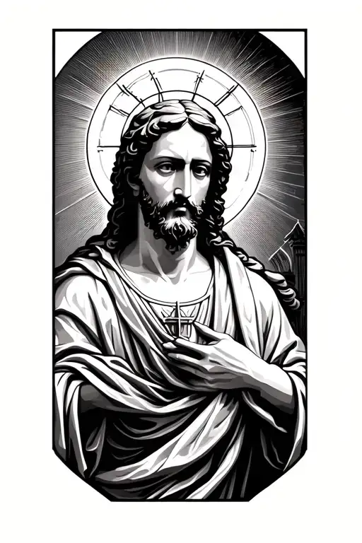 St Thomas the Apostle statue, with fine line geometric design.  tattoo design idea