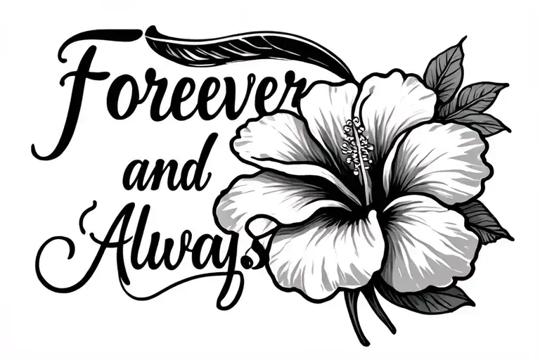 forever and always in thin cursive with a hibiscus flower on the end tattoo design idea