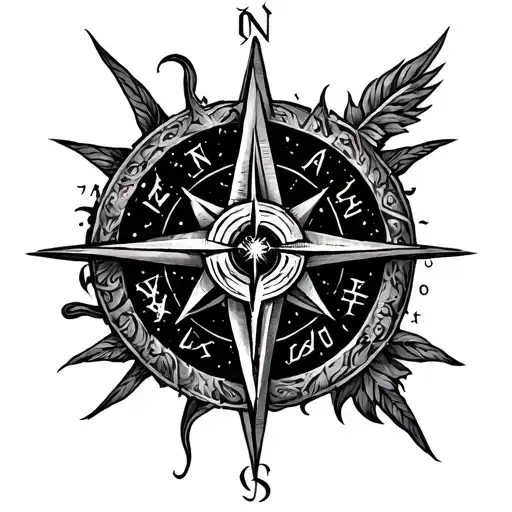 bindrune with Mannaz, Perthro, and Algiz at the centre, surrounded by the full Stoic compass with all unique runes tattoo design idea