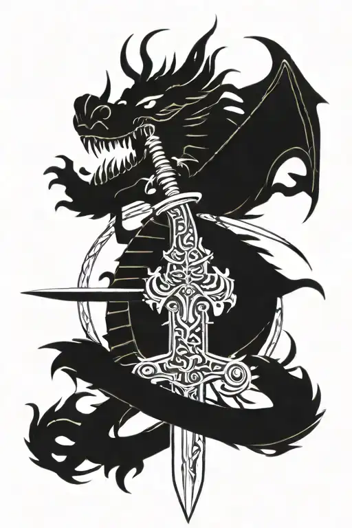 Illustration of a Chinese dragon wrapped around a medieval sword with a shield of Germanic royalty in the background wit tattoo design idea