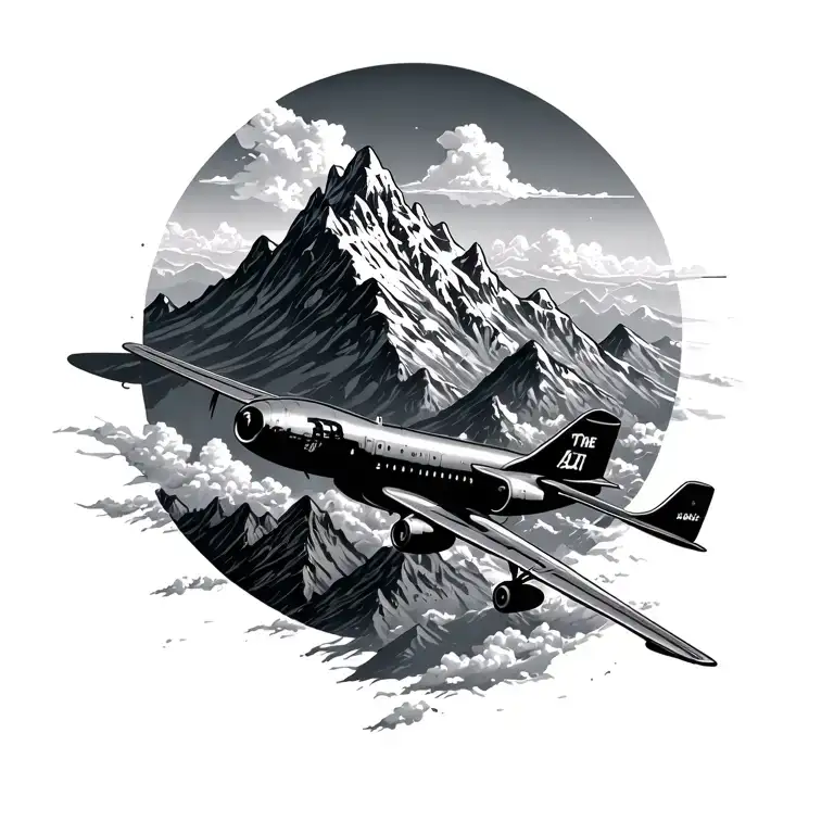 mountain clouds and plane flying tattoo design idea