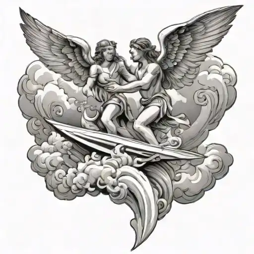 A biblical scene of angels surfing on clouds, reflecting a mix of spirituality and surfing passion tattoo design idea