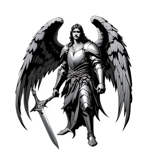 Archangel Metatron in armor standing holding sword wings open tattoo design idea