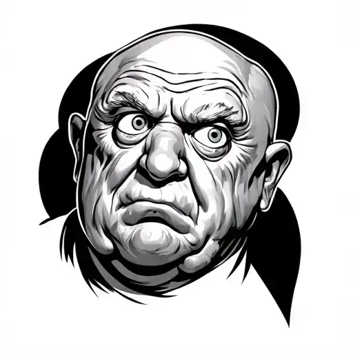 an ugly old fat man with big, affected eyes a distant bilk tattoo design idea