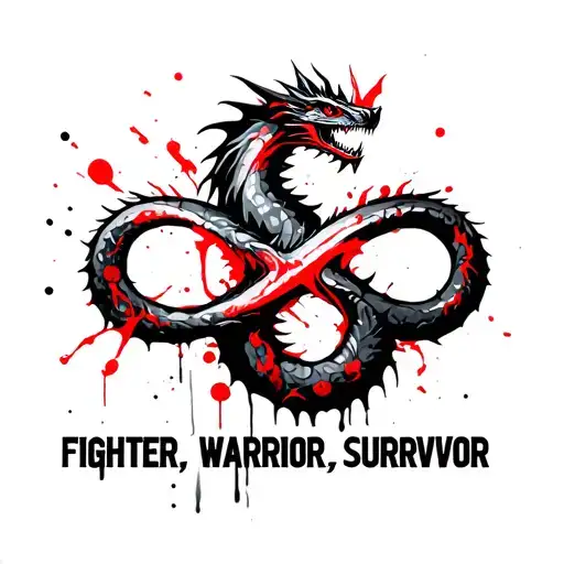 i want an infinty sign made by a dragon with the words " fighter, warrior, survivor" tattoo design idea