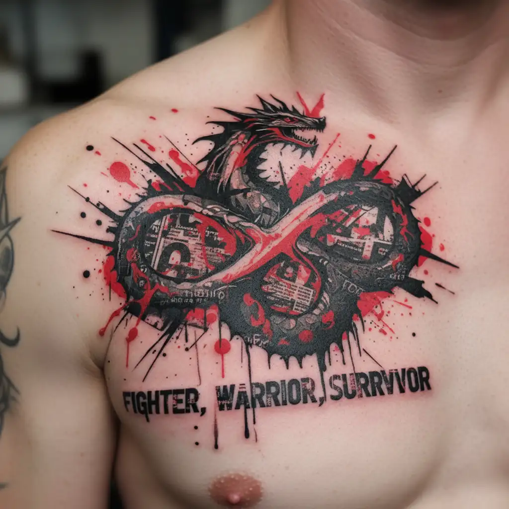 i want an infinty sign made by a dragon with the words " fighter, warrior, survivor" tattoo design idea