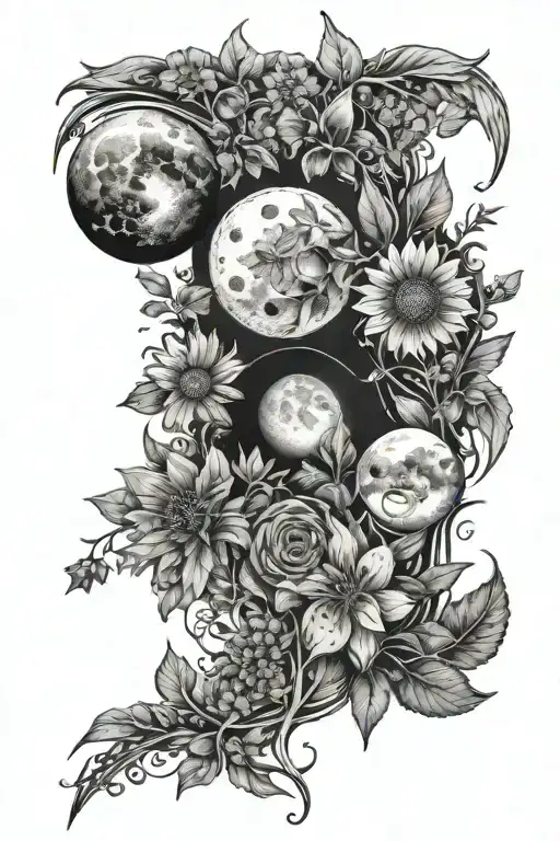 lunar phases and wild flowers tattoo design idea