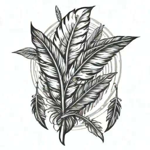 2 feathers, 1 small one on the left, 1 big one on the right fusing together with an arrow in the middle at the top tattoo design idea