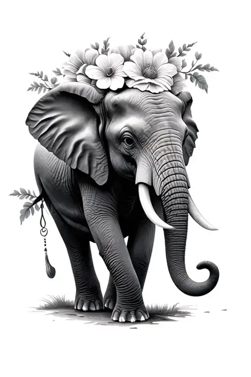 realistic elephant with flowers tattoo design idea