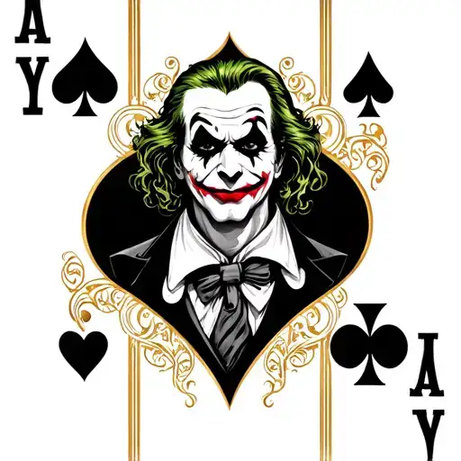 Black and gold card, a small heart, diamond, club and spade in each corner and a joker image in the middle tattoo design idea