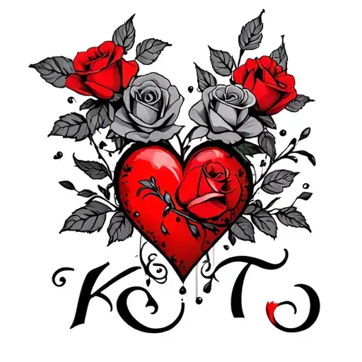 "KAT" Red heart with roses tattoo design idea