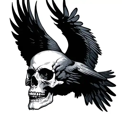 raven flying with a negative space skull in the wings tattoo design idea