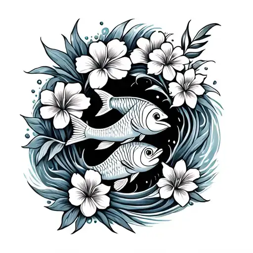 Polynesian tattoo with water, flowers, fish, sea, family, love, friendship tattoo design idea