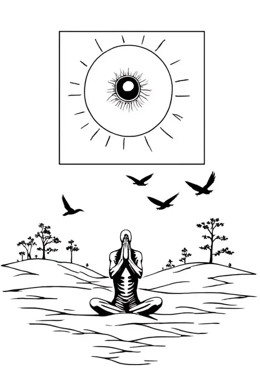 praying full body Skelton looking up at th sun with trees and small black birds flying  tattoo design idea