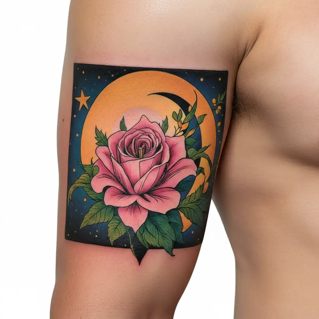 sun moon and star rose, lily, iris flower tattoo design idea