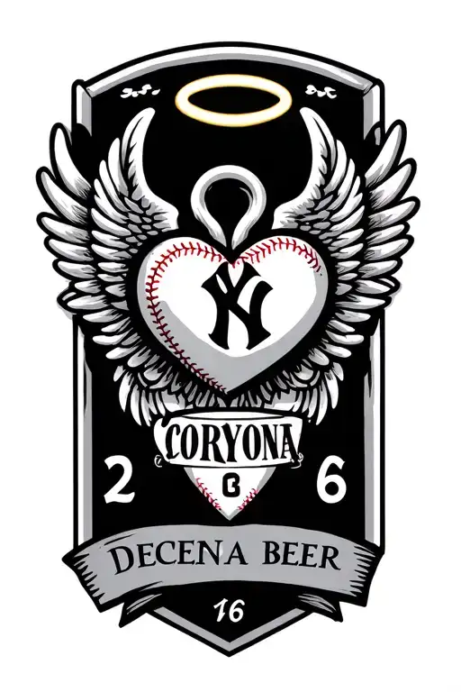 A heart with a halo and wings with the New York Yankees and the number two with the date December 6 and with corona beer tattoo design idea
