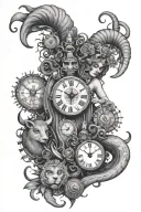 surrealism llamma surrounded by clocks tattoo design idea
