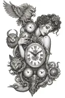 surrealism llamma surrounded by clocks tattoo design idea